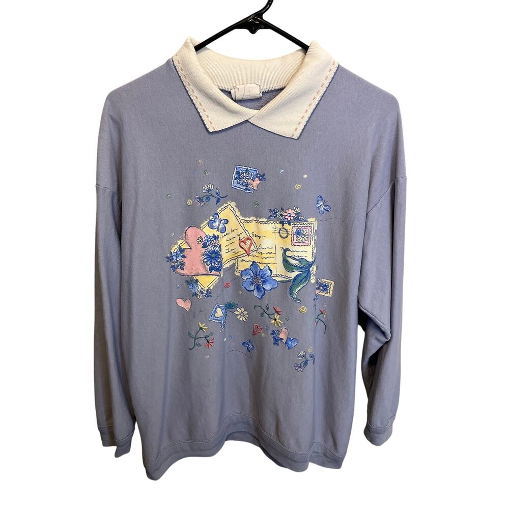 Bobbie Brooks Vintage 90s Collared Sweatshirt Light Blue Postcard Graphic